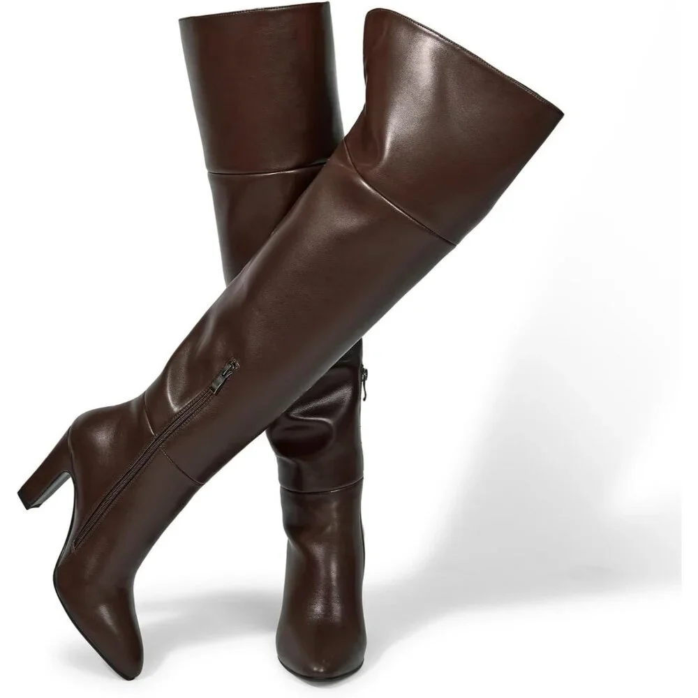 Women's Brown High Thigh Over the Knee Chunky, Side Zipper Calf Design Boot